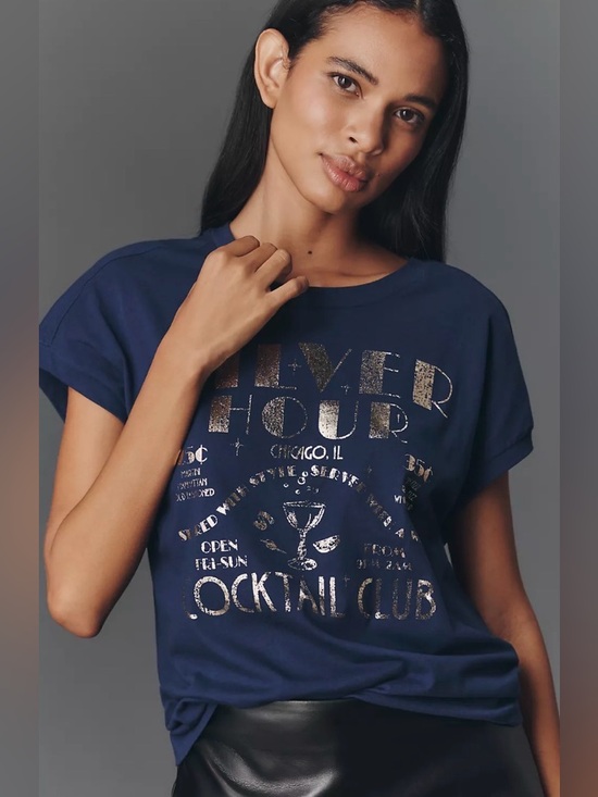 Anthropologie Tops - •ANTHROPOLOGIE•NWT NAVY BLUE “SILVER HOUR COCKTAIL CLUB” GRAPHIC TEE SIZE MEDIUM